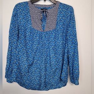 J. CREW Blue Floral Cotton/Silk PEASANT TOP IN FLOWERPATCH PRINT Tie-Neck size 8